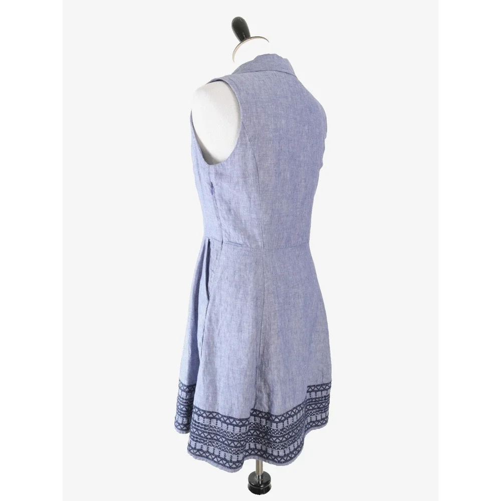 Tahari Size 4 Linen Sleeveless Shirt Dress Collared Embroidered Blue - Picture 3 of 12
